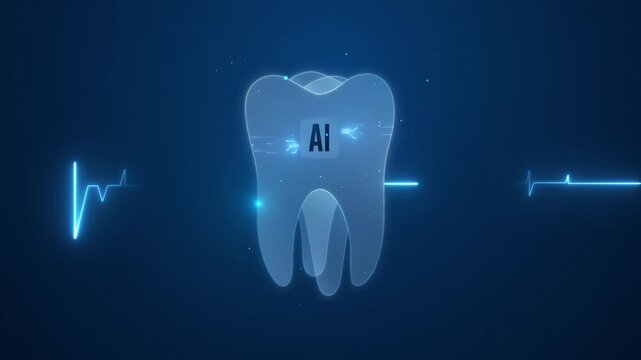 Futuristic Digital Dental AI Technology Concept, Holographic X-Ray Tooth Analysis with EKG Heartbeat Line Motion Graphic animation 4k.