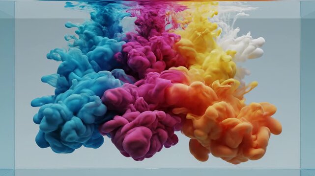 Colorful ink clouds dissolving in water, vibrant explosion of cyan, magenta, yellow, and white against a light blue backdrop, abstract fluid motion