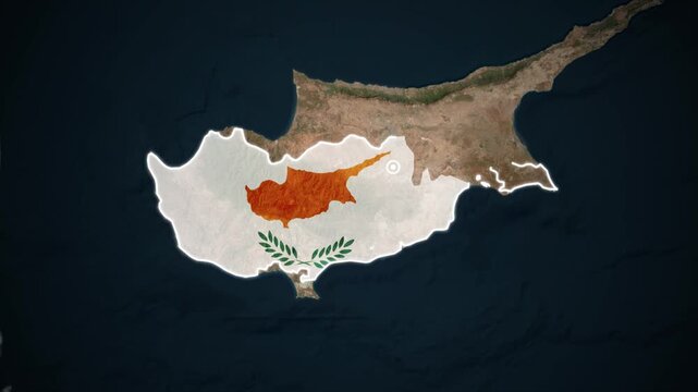 Cyprus Map with National Flag Overlay on Satellite Earth Background Animation.