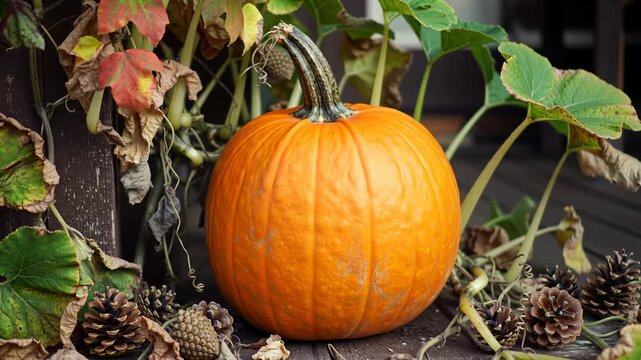 A ripe orange pumpkin rests outdoors amongst autumn leaves and pinecones, representing harvest and fall season