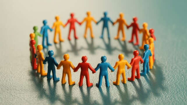 Diverse group of colorful plastic figurines standing in a circle representing unity and teamwork concept for business collaboration and social inclusion strategy