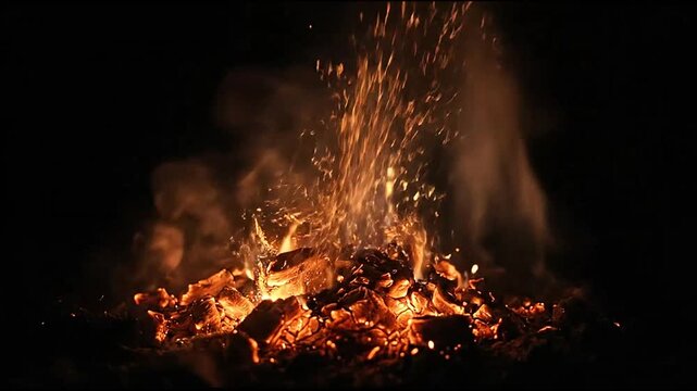 Burning campfire embers with glowing sparks and dark smoke.