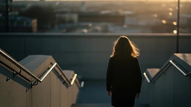 Woman walking down outdoor stairs as the sun sets over a blurred city skyline