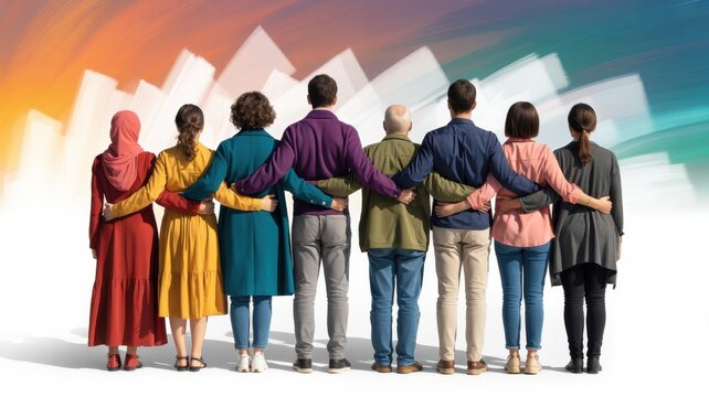 Diverse group of people standing in a row with arms around each other, showing unity and support against an abstract colorful background, with white brush strokes