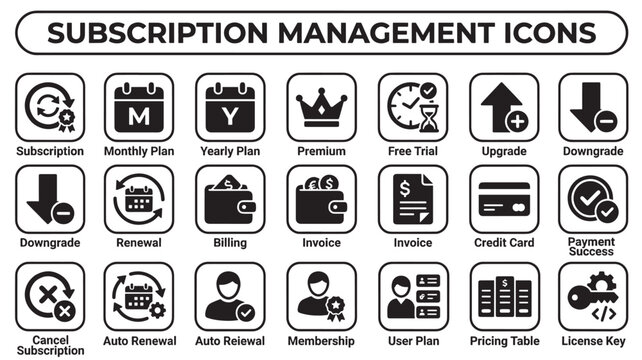 Subscription management and recurring billing icons collection for digital pricing plans and premium memberships