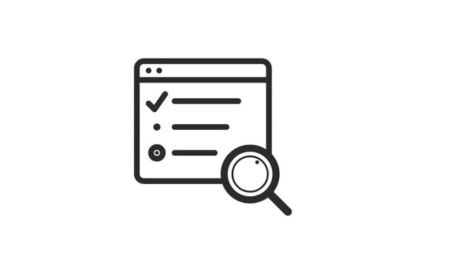 Animated search and checklist icon in browser window, black and white minimal illustration, concept of online task management, data analysis, web research, and information finding