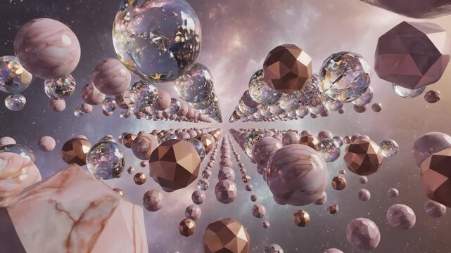 Abstract 3d rendering of geometric shapes and spheres in a nebula, cosmic background, digital art