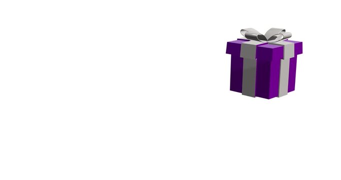 A 3D animation of a purple gift box with a silver ribbon and bow floating smoothly across a clean white background for celebrations.
