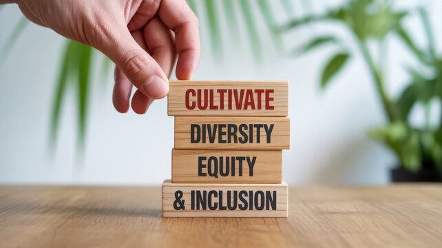 Hand placing a wooden block on a stack with the words cultivate diversity equity and inclusion written on them as a concept for corporate social responsibility and equality