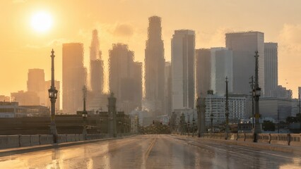 Fototapeta premium Urban skyline distorted by intense heat shimmer during extreme heatwave illustrating climate change and rising temperatures