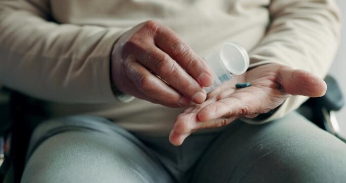 Senior person taking daily medicine routine, chronic disease management, healthcare, elderly wellness, prescription treatment, and medication adherence.