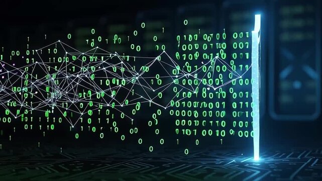 A digital representation of data flow and processing, featuring binary code and a network visualization transitioning into a glowing pillar of light