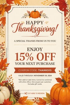 Thanksgiving discount coupon template with autumn leaves pumpkins and seasonal promotional offer design