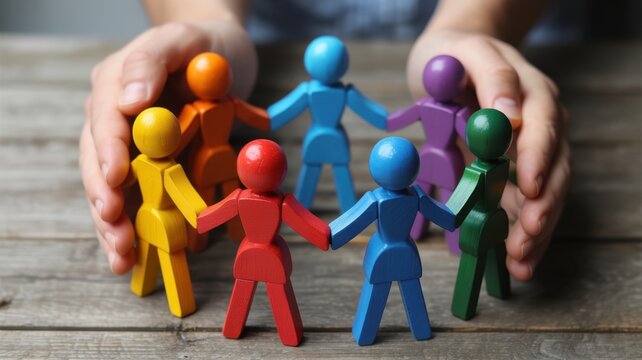 Human hands protecting a circle of colorful wooden human figurines on a rustic wooden table representing unity diversity inclusion and teamwork in business concepts