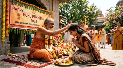Guru Blessing Devotee on Guru Purnima Festival in India, Spiritual Celebration