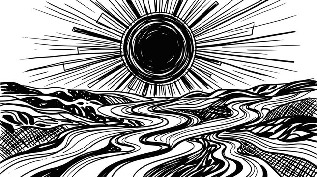 Abstract sun shining over winding river and landscape, black and white ink drawing.