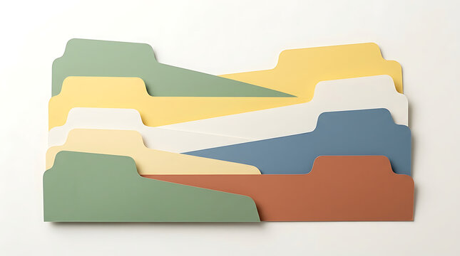Stack of colorful file folders with tabs in green, yellow, white, blue, and terracotta red tones
