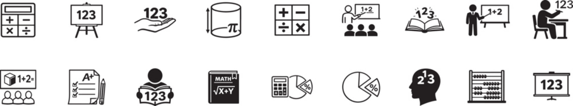 Mathematics icon vector set with education, calculator, geometry, formulas and learning symbols.