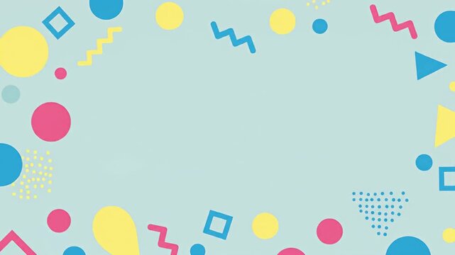 Abstract background with geometric shapes in blue, yellow, and pink on a light blue backdrop