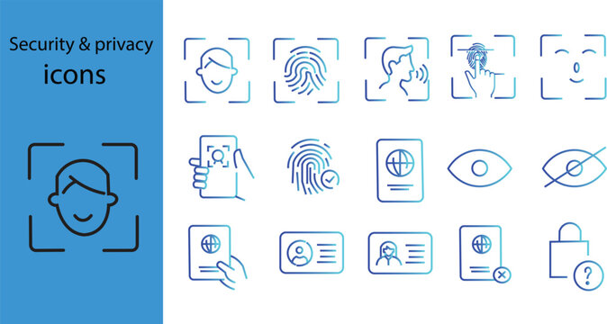 Security and privacy gradient line icons set. Biometric identification, face recognition, fingerprint scan, ID card, and passport verification vector icons.

