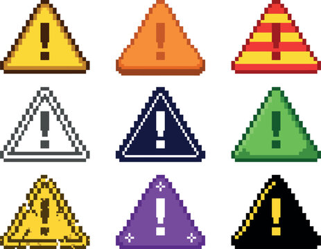 Pixel Art Warning Triangle Hazard and Alert Icon Set in Nine Color Variants for Retro Game UI App 8-Bit Design Digital Safety Notification and Creative Technology Graphic Projects

