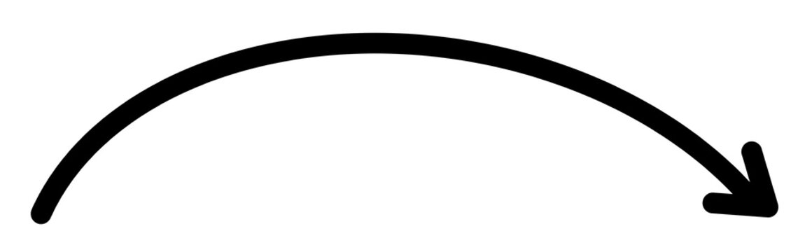 Black curved arc arrow bending downward doodle sketch icon