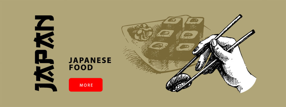 Japanese food hand drawn background. Asian cuisine collage for menu, poster, branding. Vintage sketch sushi vector illustration.