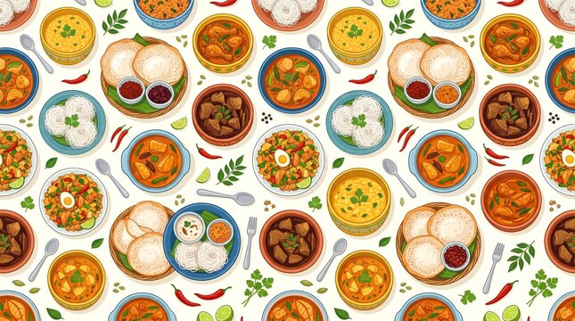 Traditional Sri Lankan Food Seamless Pattern with Popular Dishes and Culinary Elements Vector Illustration