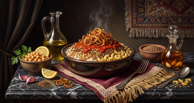 Artistic oil painting style composition of a classic oriental Koshari bowl topped with tomato sauce and crispy fried onions, surrounded by chickpeas, garlic cloves, cumin, lemon slices.