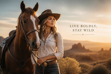 Obraz premium A woman in a cowboy hat stands next to a brown horse in a vast, sunlit outdoor landscape.