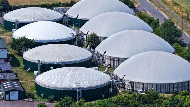 Close Aerial View of Large Biogas Digesters in Agricultural Setting