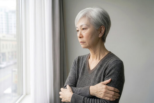 Depressed and lonely mature Asian woman standing by a window with crossed arms, older adult mental health conditions