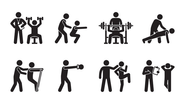 Set of black silhouette icons depicting personal fitness training and workout guidance.