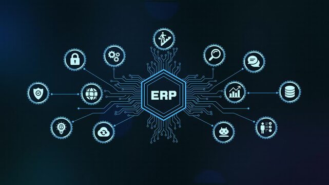 ERP enterprise resource planning business system concept with digital circuit and tech icons on dark background