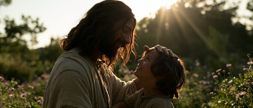Jesus Christ warmly smiling and blessing a happy young boy in a beautiful sunlit garden, cinematic golden hour lighting, religious faith concept
