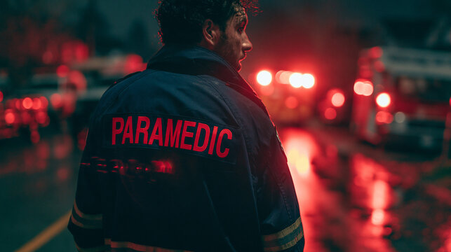 Cinematic shot of a male paramedic in uniform standing at an emergency scene at night with blurred flashing red lights in the background