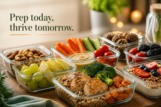 A collection of healthy meal prep containers filled with various foods like nuts, carrots, fruit, chicken, and berries are displayed on a wooden surface indoors.