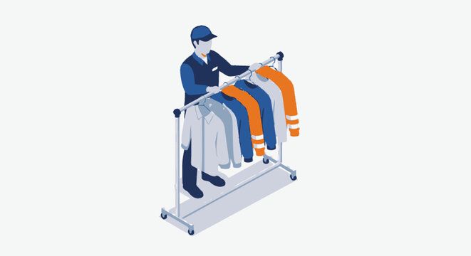 Delivery worker organizing clothes on a rack.