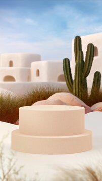 Beige textured stone podium in desert landscape with cactus and adobe houses