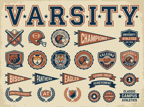 Vintage Varsity Collegiate Athletics Vector Badge and Pennant Set with Team Mascots, Animal Logos, Achievement Crests and Campus Shield Designs for Sports Apparel and University Branding
