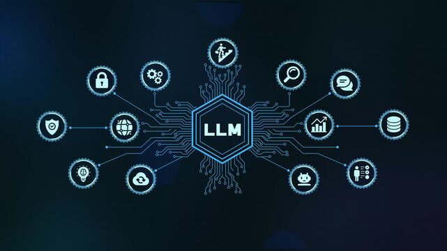 LLM large language model technology concept with digital circuit and tech icons on dark background