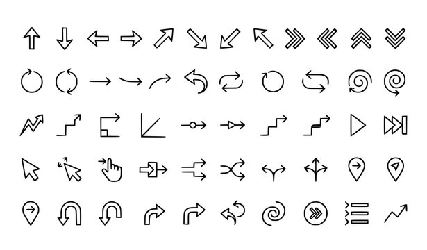 Line art arrow and navigation icons set vector illustration