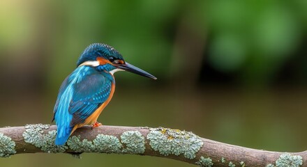 Fototapeta premium Kingfisher bird perched on a moss-covered branch in a natural environment