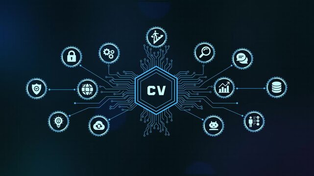 CV computer vision image recognition visual artificial intelligence technology concept digital glowing HUD display