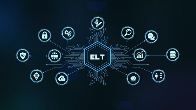 ELT extract load transform data warehousing architecture concept digital HUD interface background display