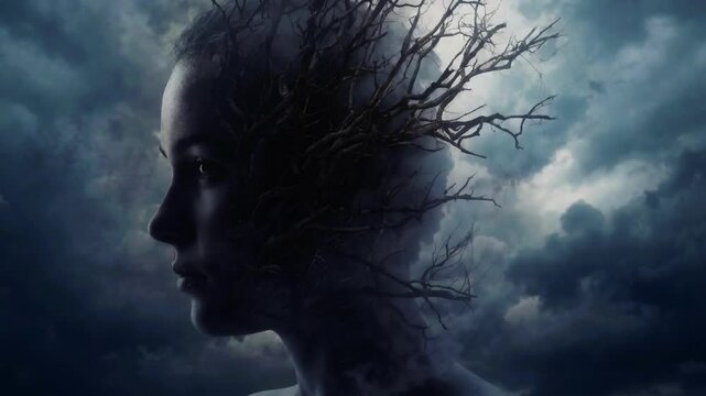 Ethereal Portrait of a Woman with Tree Branches Growing From Her Head in Dramatic Dark Lighting