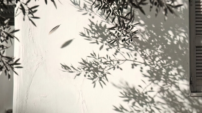 Minimalist nature background concept - delicate olive tree shadows and a falling leaf on a textured white Cycladic wall, warm dappled sunlight for wellness packaging and graphic design templates