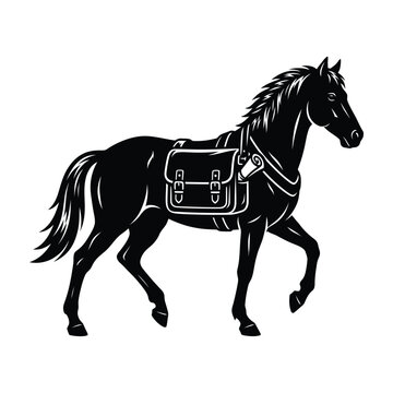 Black horse carrying large saddlebag illustration