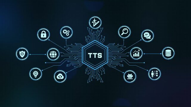 TTS text to speech voice synthesis technology concept digital HUD interface with neural network circuit icons