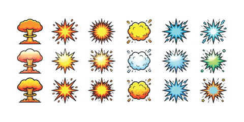 Set of colorful comic book explosion and blast effect icons in various shapes and styles © md